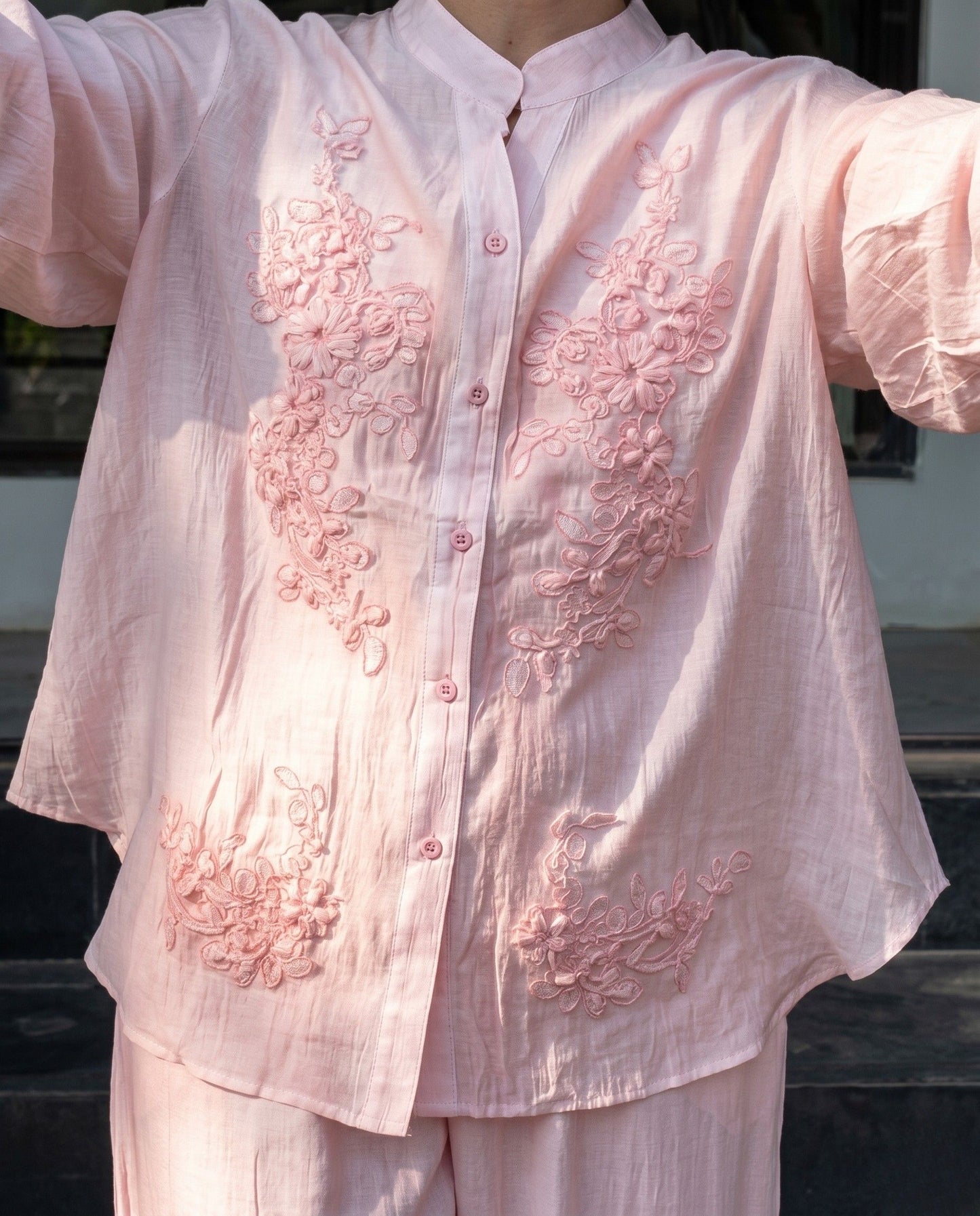 Avyra - Blush Viscose Floral Embroidered Soft Summer Co Ord Set