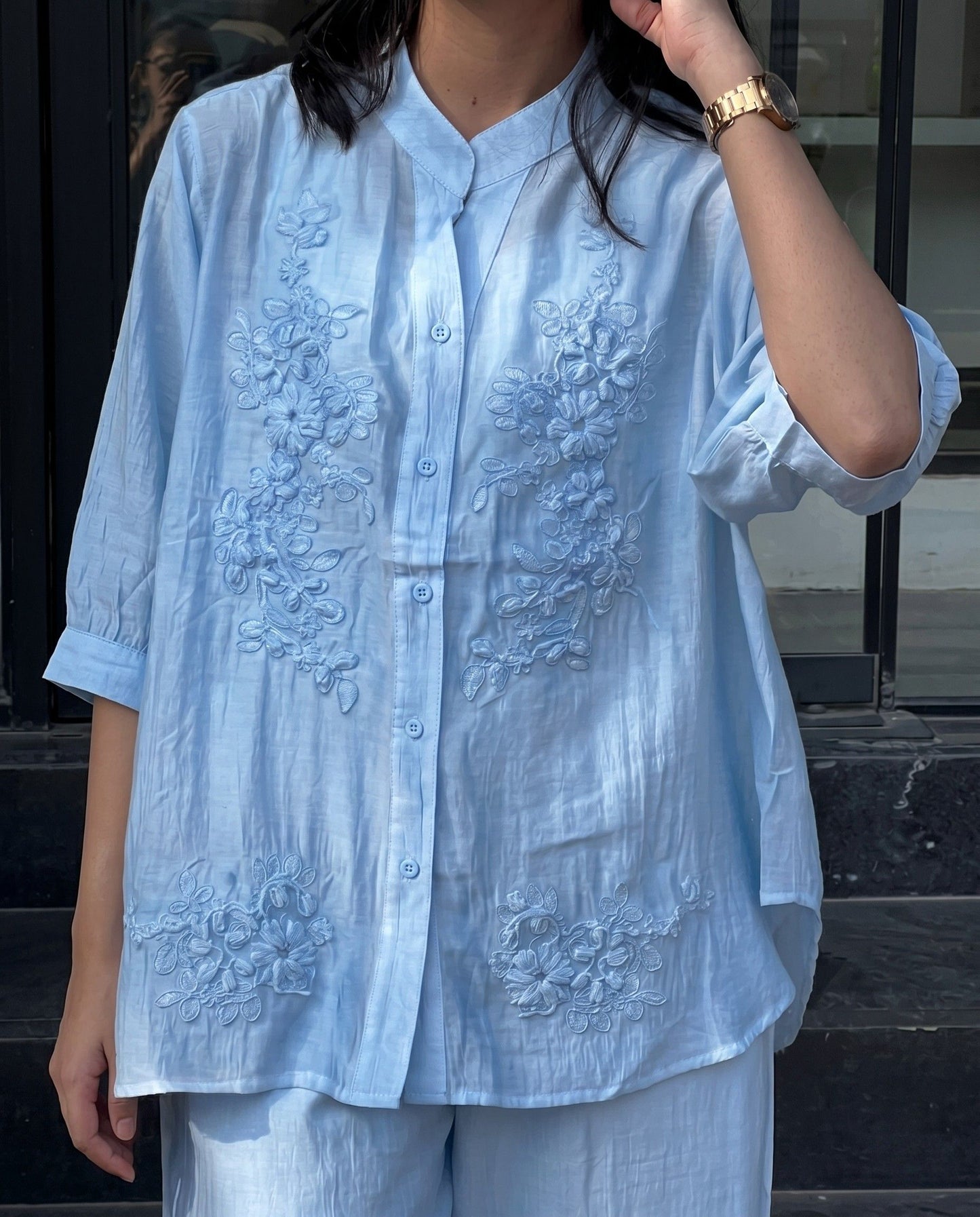 Avyra - Sky Viscose Floral Embroidered Soft Summer Co Ord Set