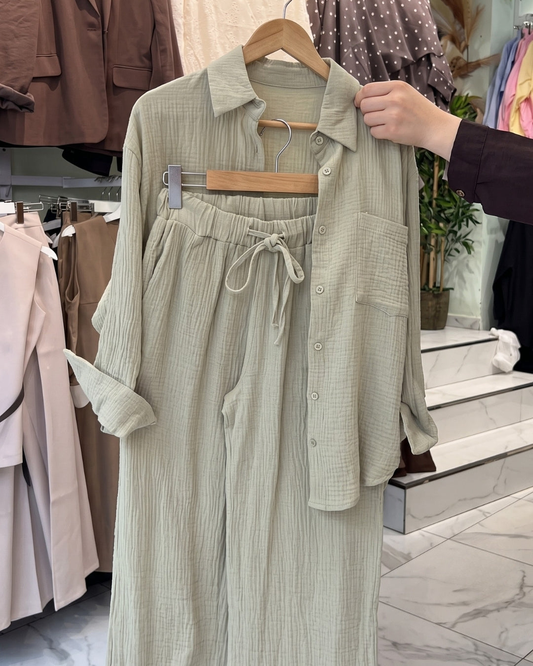 Kallie - Premium Green Crinkle Cotton Shirt Pant Co-Ord