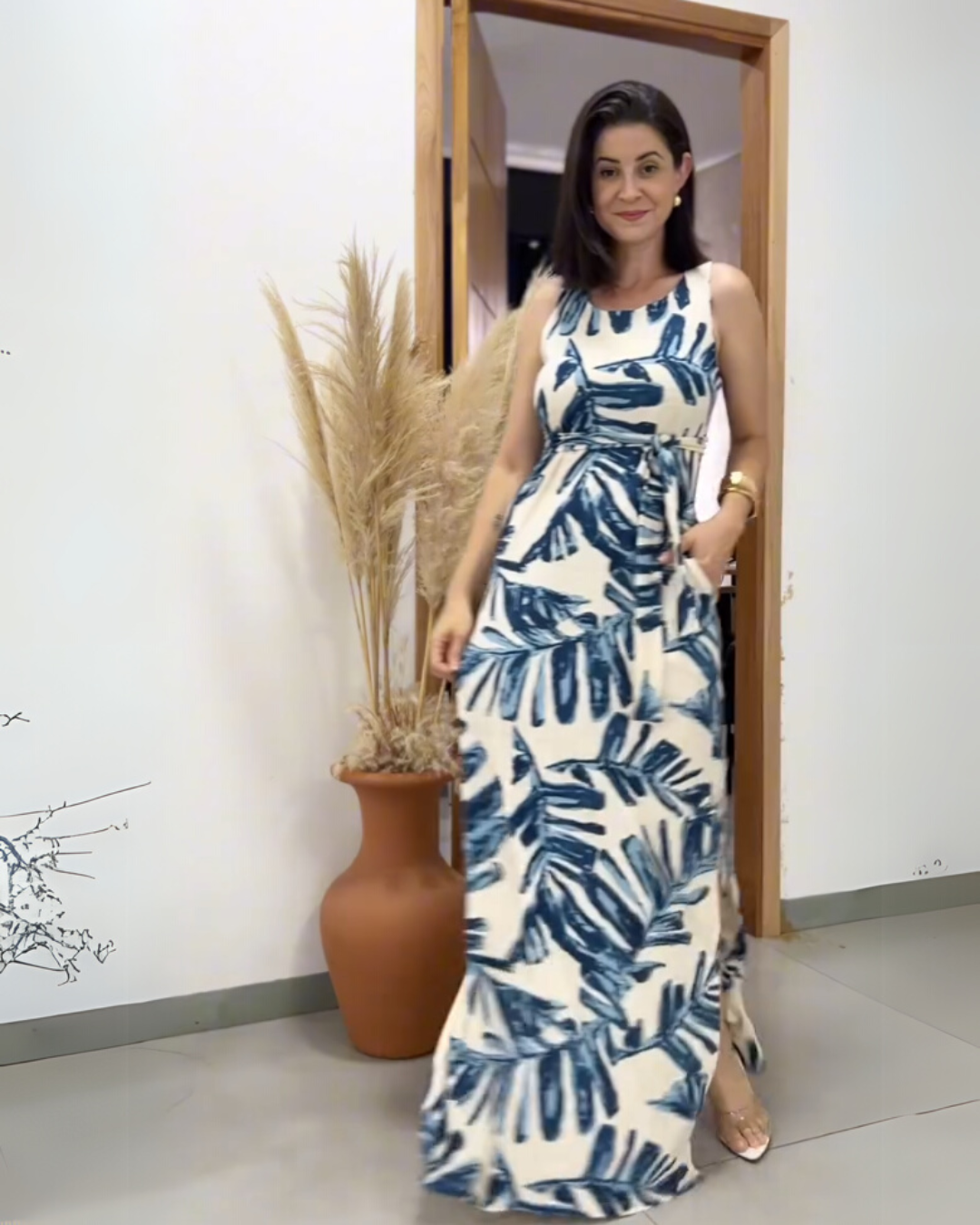Verlea Palm Print Dress – Indigo Blue