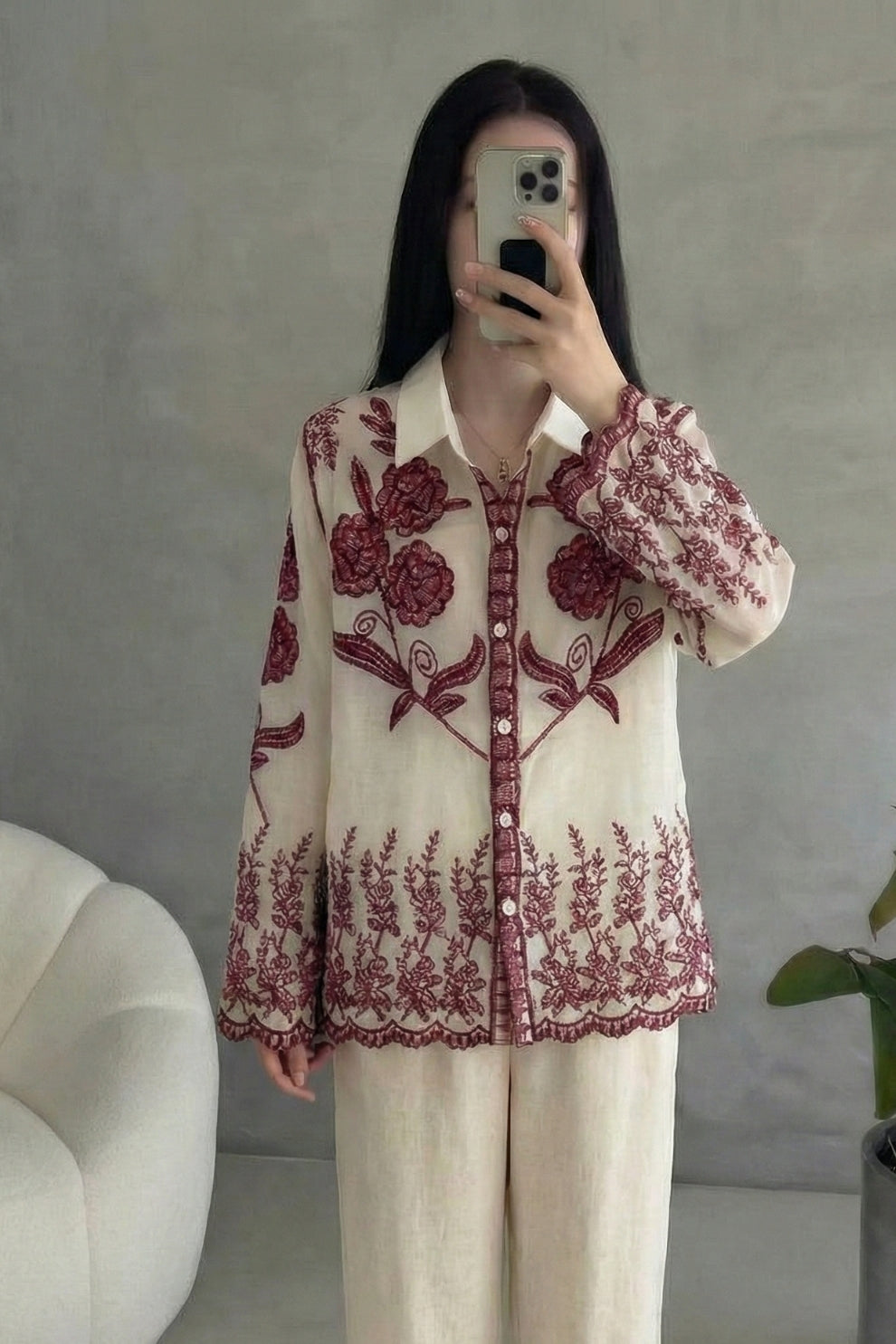 White Cotton Embroidered Full Sleeve Top – Maroon Floral Work