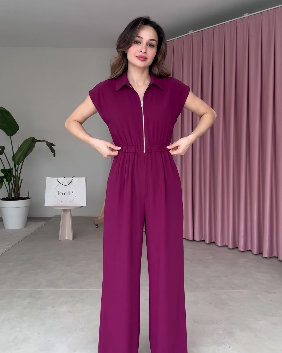 Yarelle - Elegant Wine Wide Leg Zip Jumpsuit