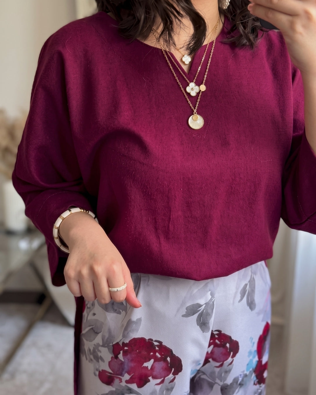 Elaris - Chic Burgundy Floral Linen Co-Ord Set