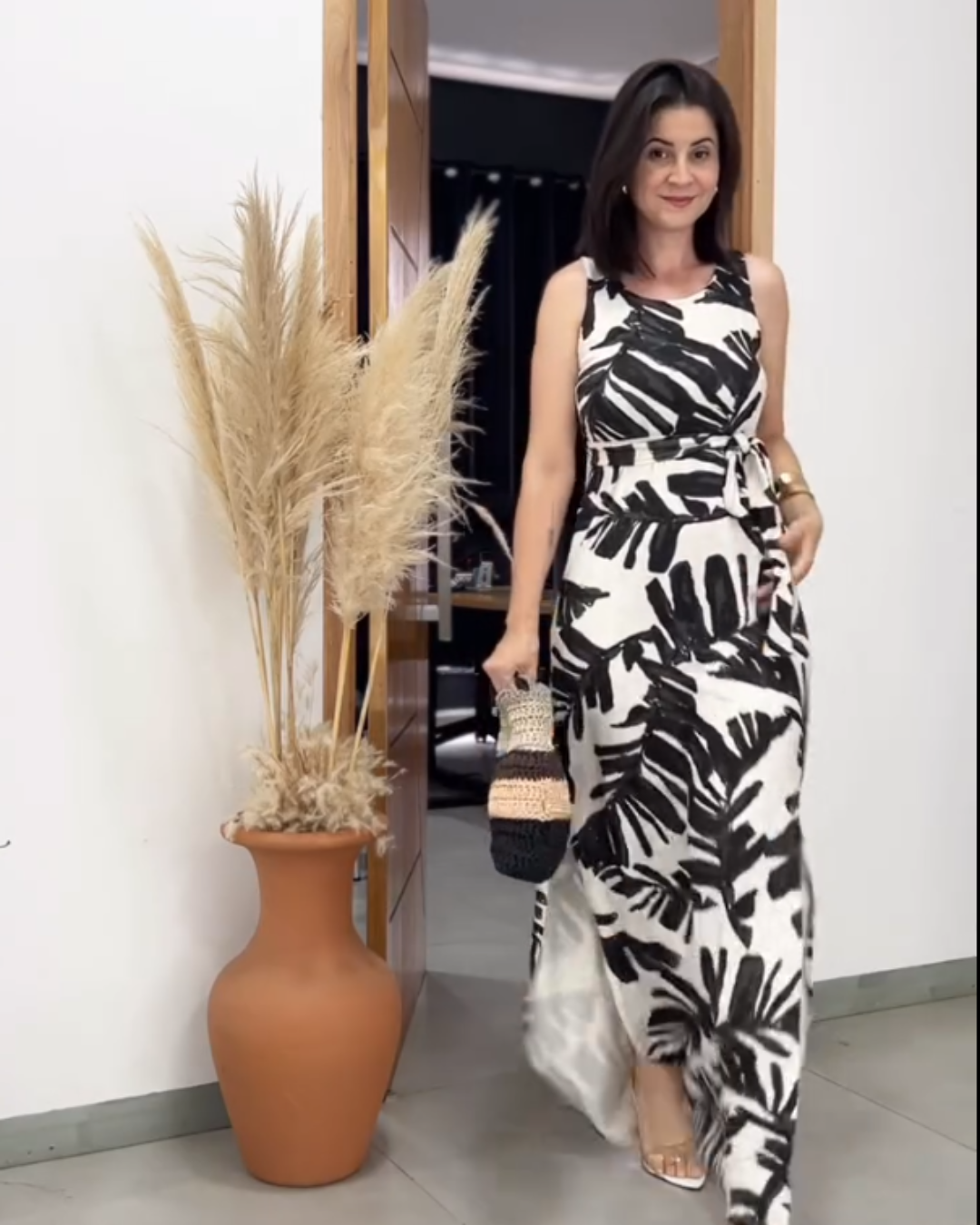 Verlea Palm Print Dress – Monochrome Black