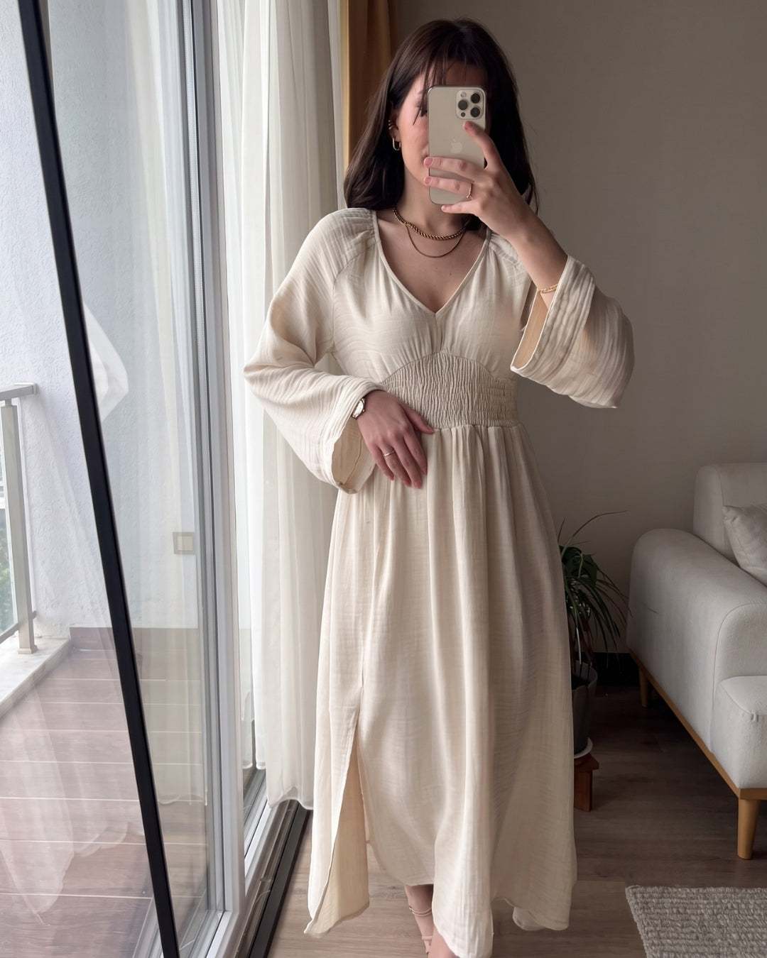 Riyana - Cream Soft Cotton Smocked Flowy Maxi Dress