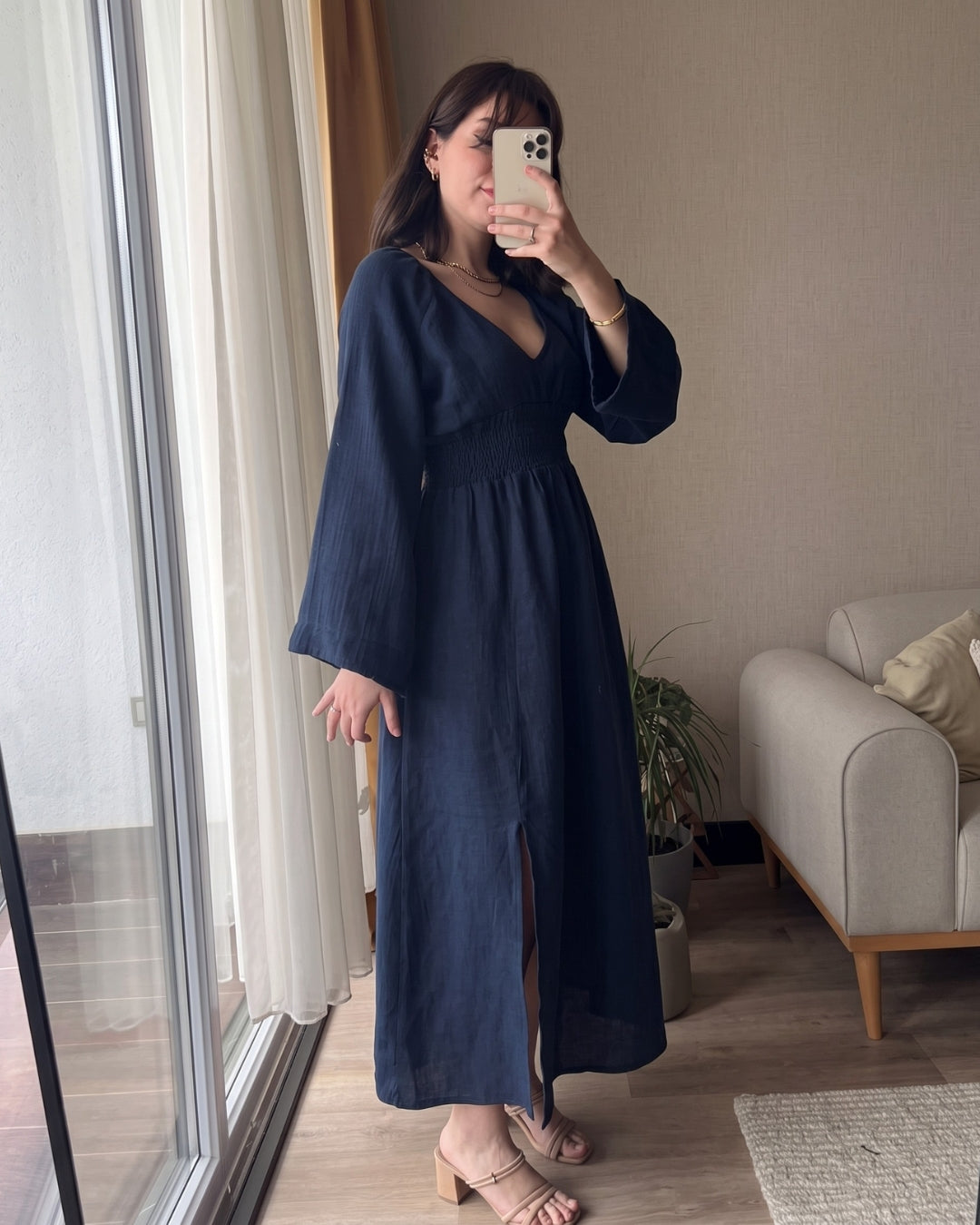 Riyana - Blue Soft Cotton Smocked Flowy Maxi Dress