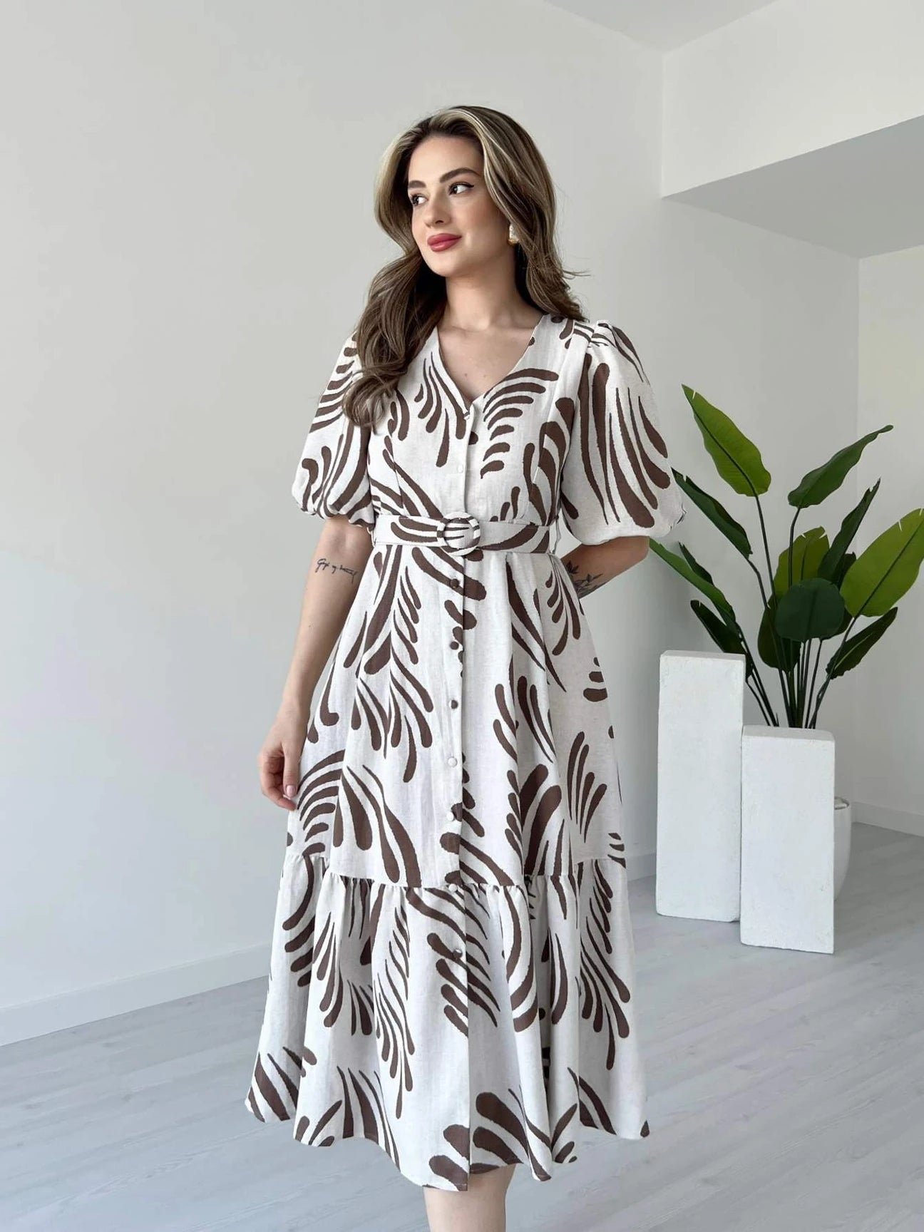 Zarli Brown Linen Dress for Women | Button Front Belted Midi | Casual Summer Linen Dress