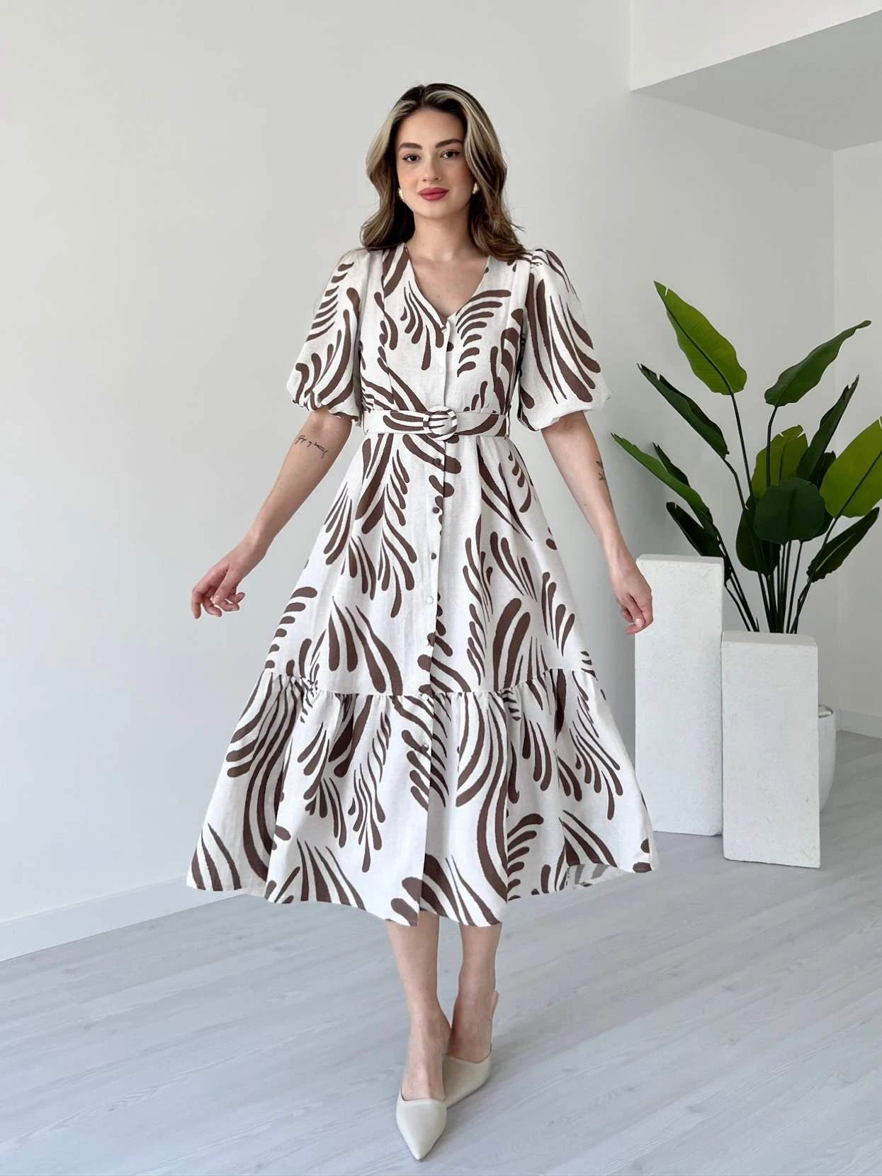 Zarli Brown Linen Dress for Women | Button Front Belted Midi | Casual Summer Linen Dress