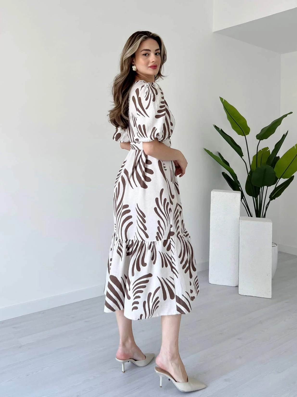Zarli Brown Linen Dress for Women | Button Front Belted Midi | Casual Summer Linen Dress