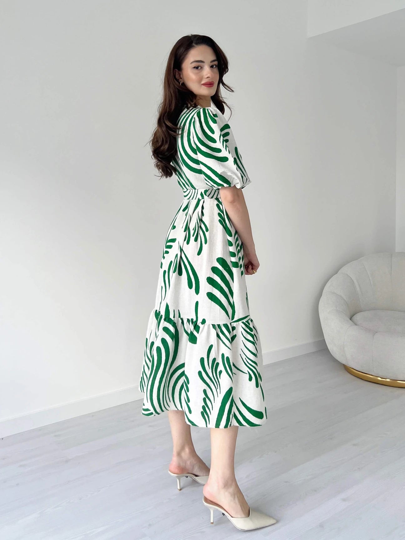 Zarli Green Linen Dress for Women | Button Front Belted Midi | Casual Summer Linen Dress