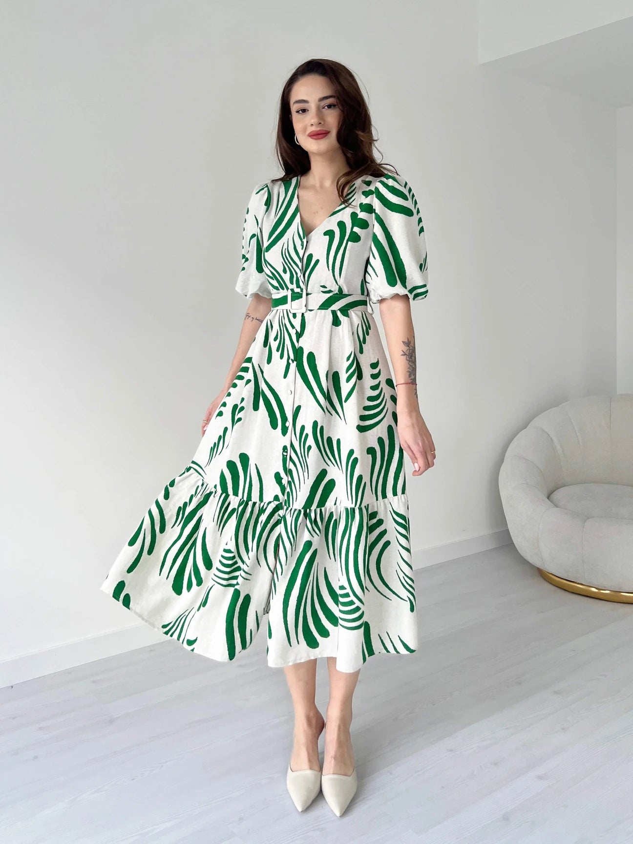 Zarli Green Linen Dress for Women | Button Front Belted Midi | Casual Summer Linen Dress