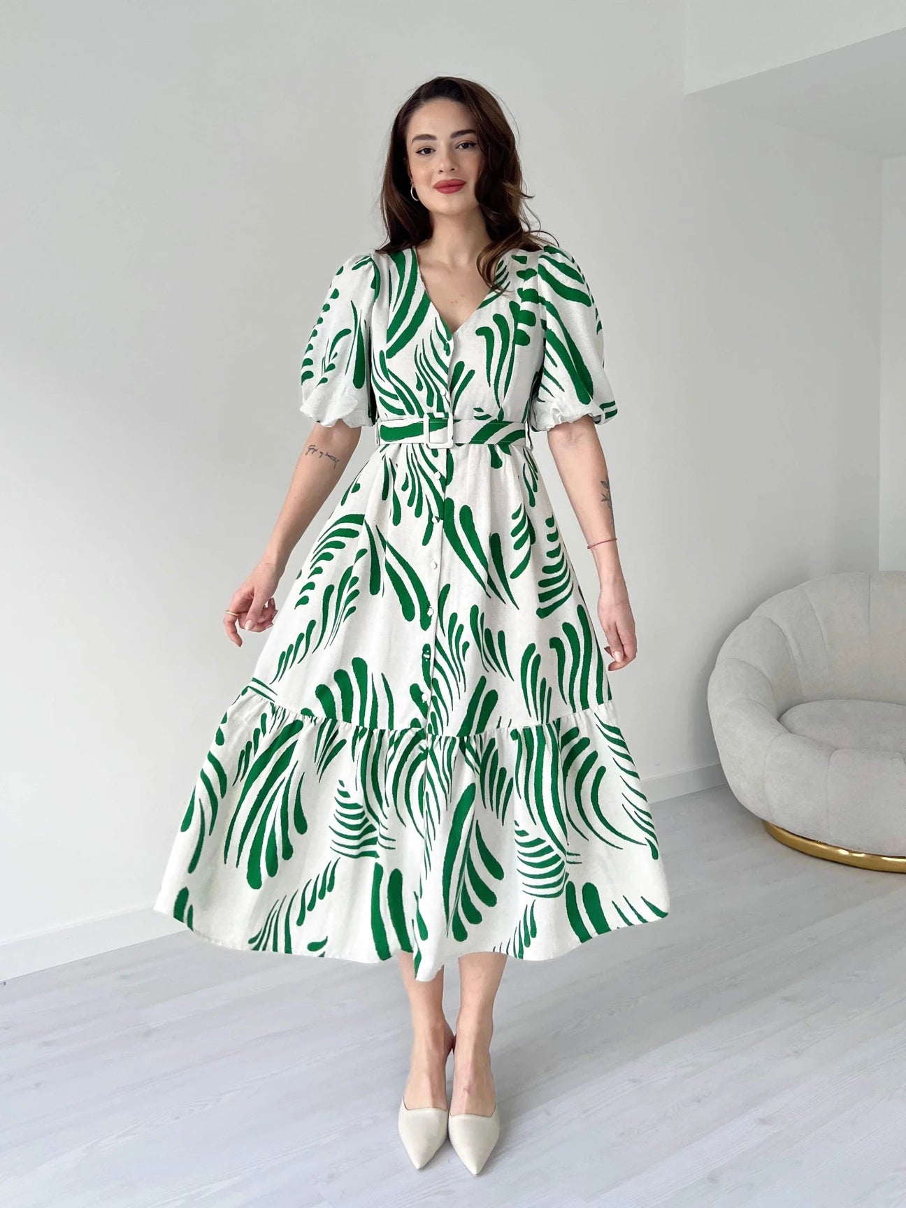 Zarli Green Linen Dress for Women | Button Front Belted Midi | Casual Summer Linen Dress