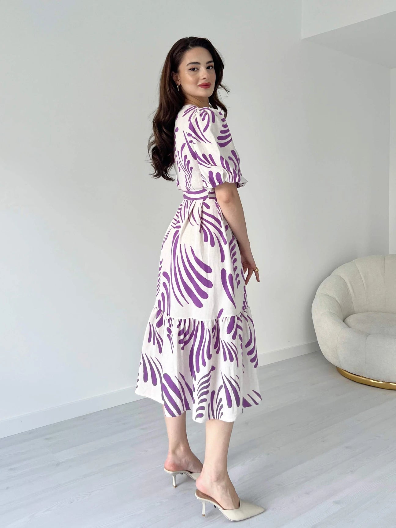 Zarli Purple Linen Dress for Women | Button Front Belted Midi | Casual Summer Linen Dress
