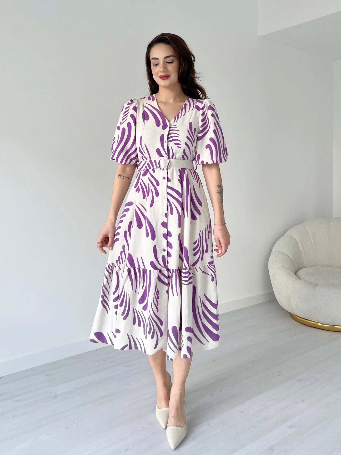 Zarli Purple Linen Dress for Women | Button Front Belted Midi | Casual Summer Linen Dress