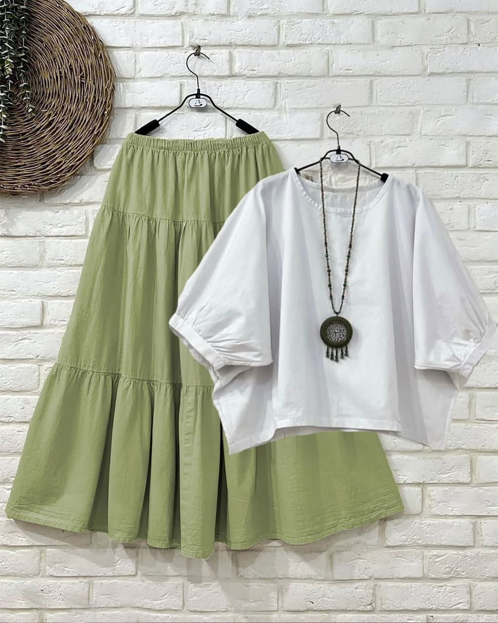 White Balloon Sleeve Top & Pastel Green Flared Maxi Skirt Co-ord Set