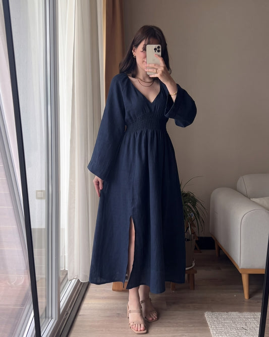 Riyana - Blue Soft Cotton Smocked Flowy Maxi Dress