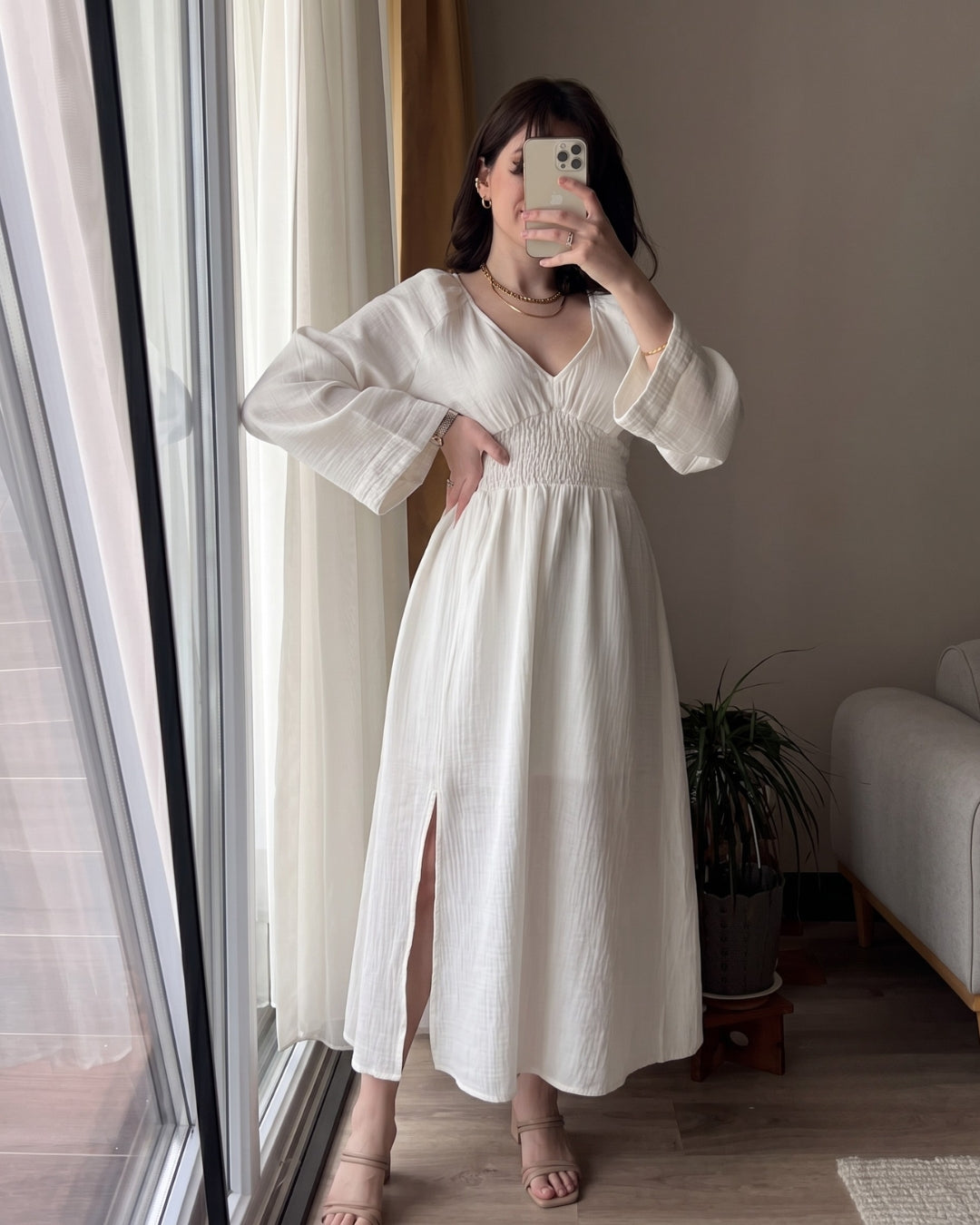 Riyana - White Soft Cotton Smocked Flowy Maxi Dress