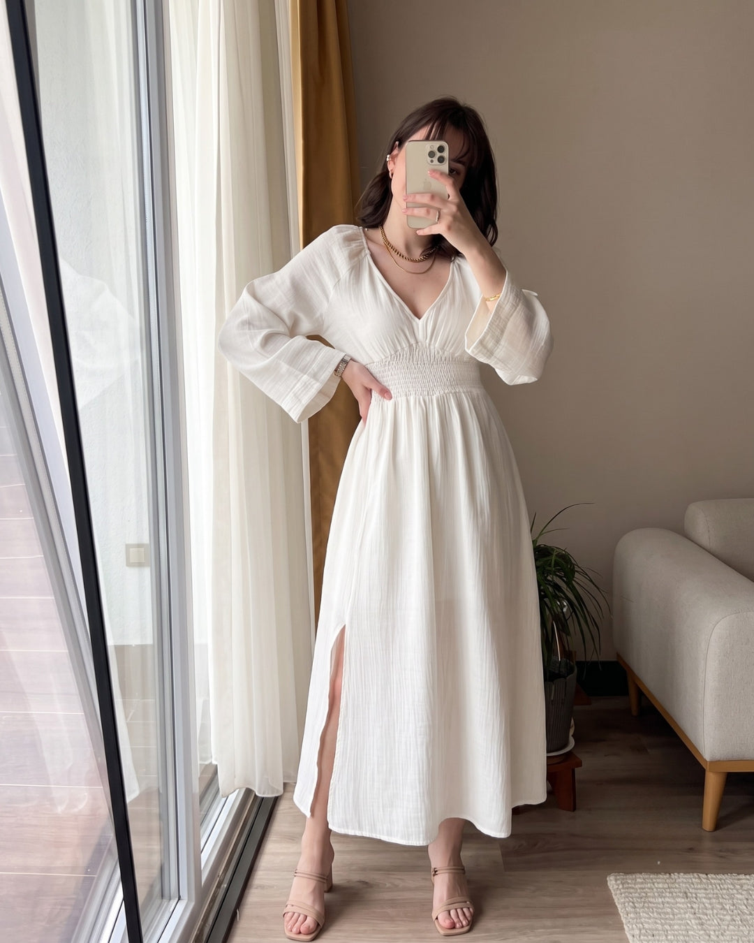 Riyana - White Soft Cotton Smocked Flowy Maxi Dress