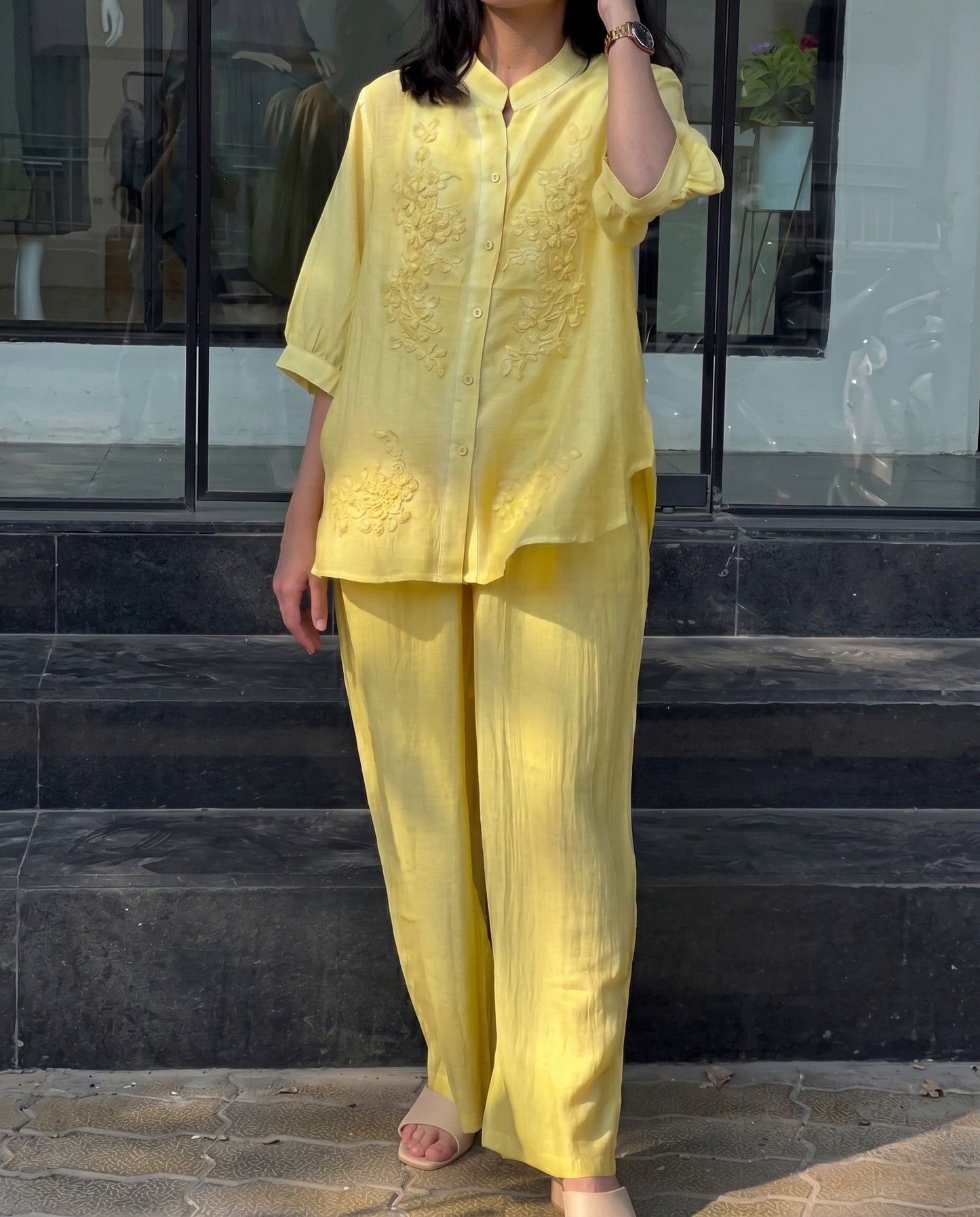 Avyra - Lemon Viscose Floral Embroidered Soft Summer Co Ord Set