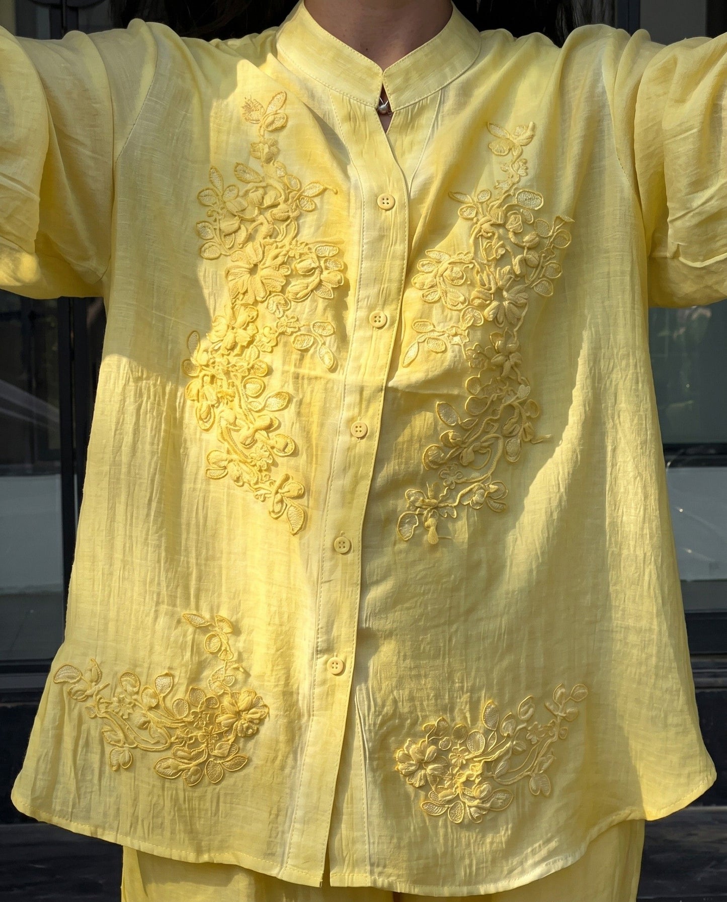 Avyra - Lemon Viscose Floral Embroidered Soft Summer Co Ord Set