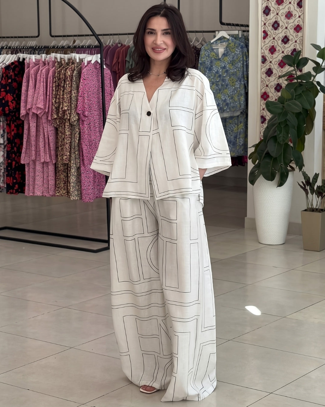 Viona - Premium Ivory Geometric Linen Blend Co-Ord Set