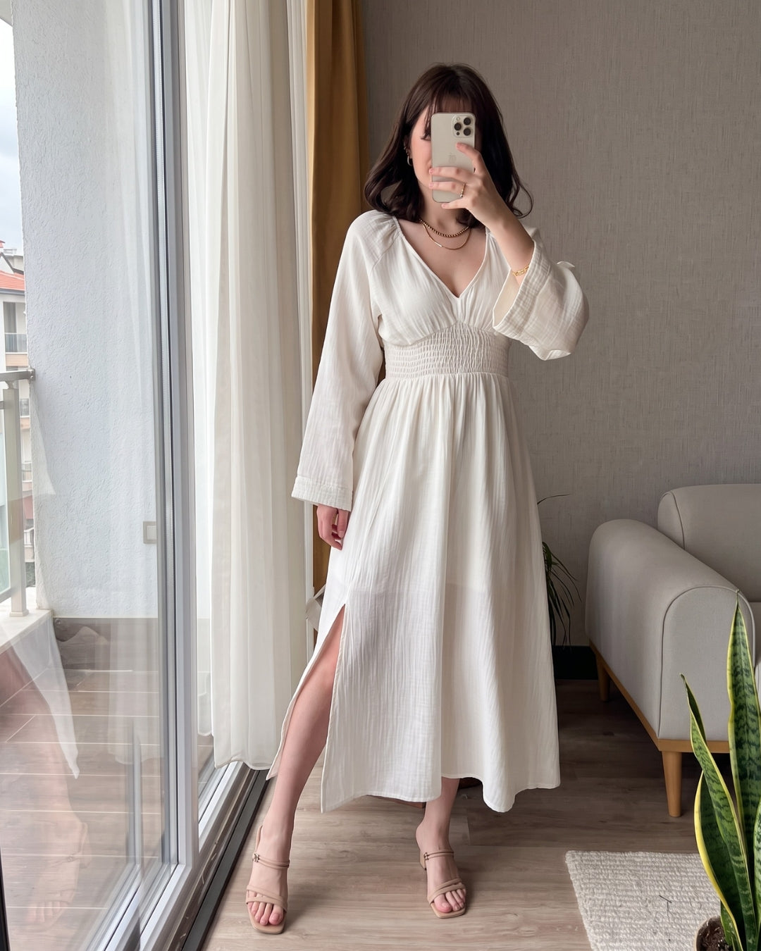 Riyana - White Soft Cotton Smocked Flowy Maxi Dress