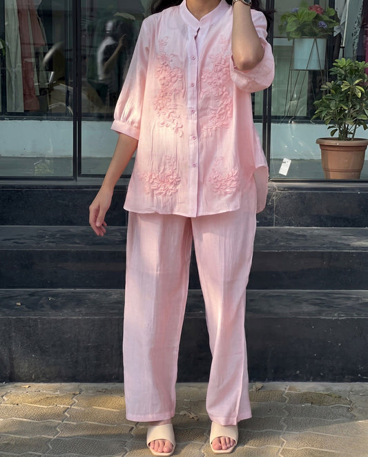 Avyra - Blush Viscose Floral Embroidered Soft Summer Co Ord Set
