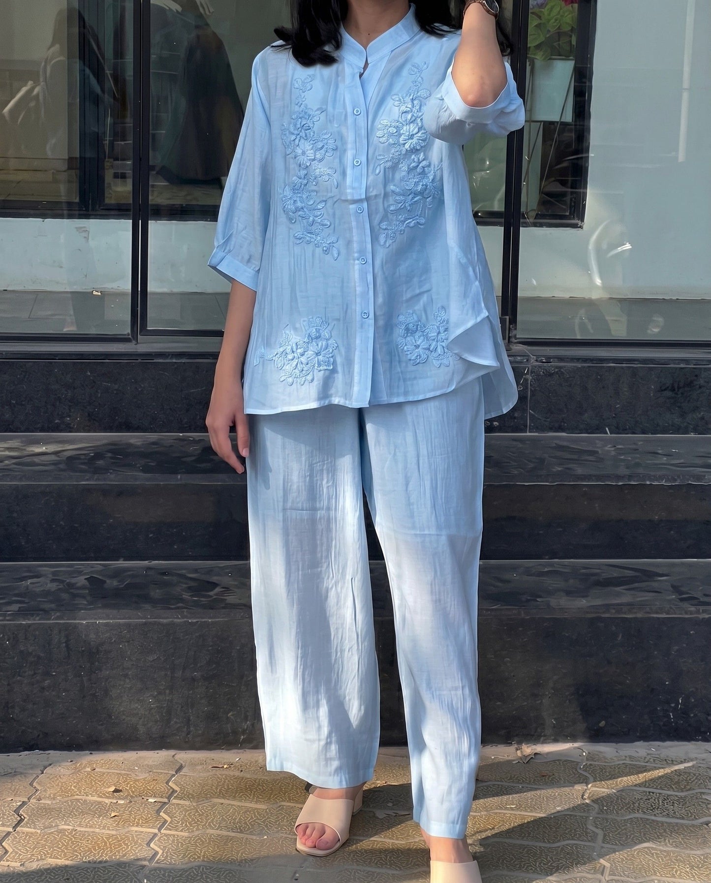 Avyra - Sky Viscose Floral Embroidered Soft Summer Co Ord Set