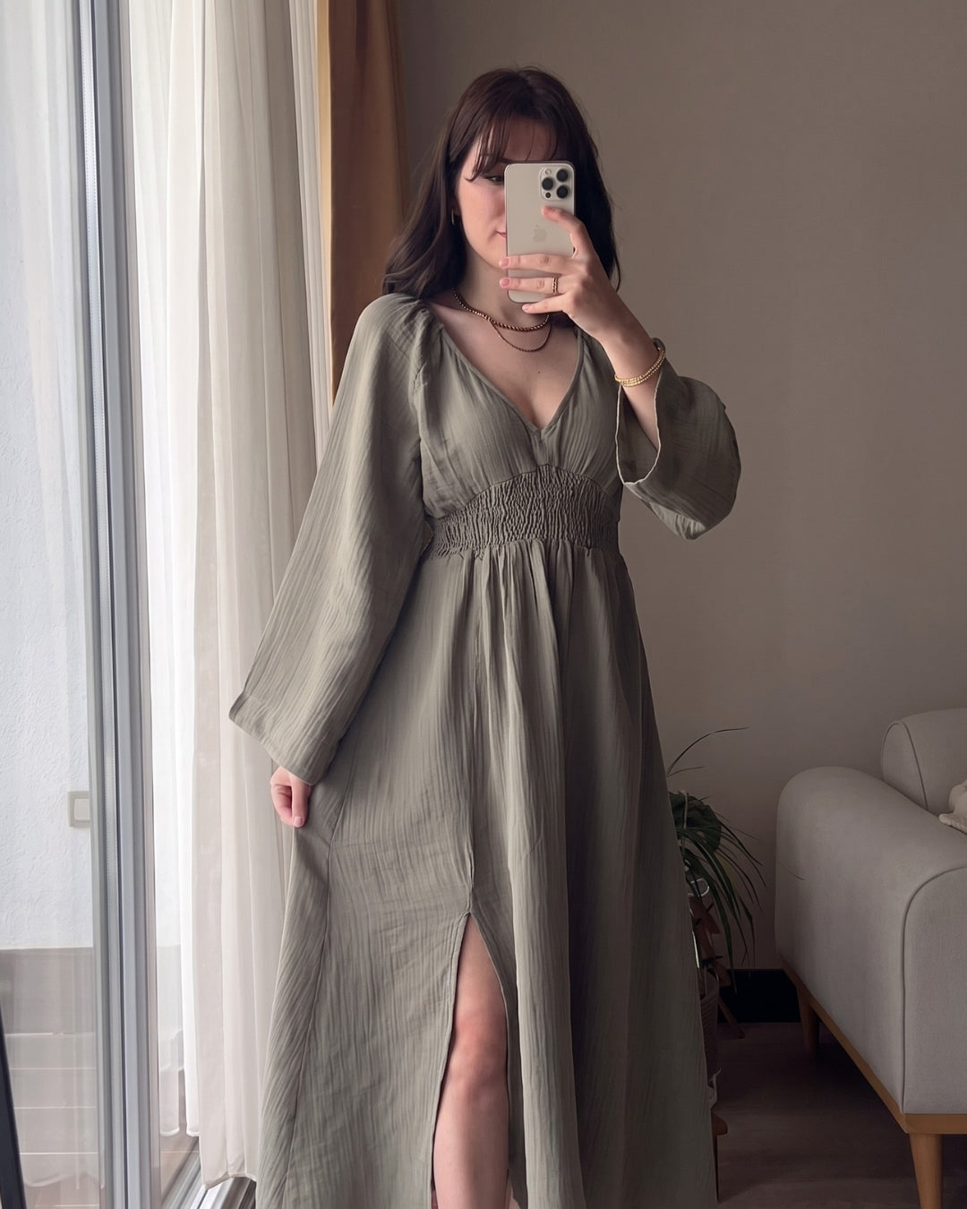 Riyana - Green Soft Cotton Smocked Flowy Maxi Dress