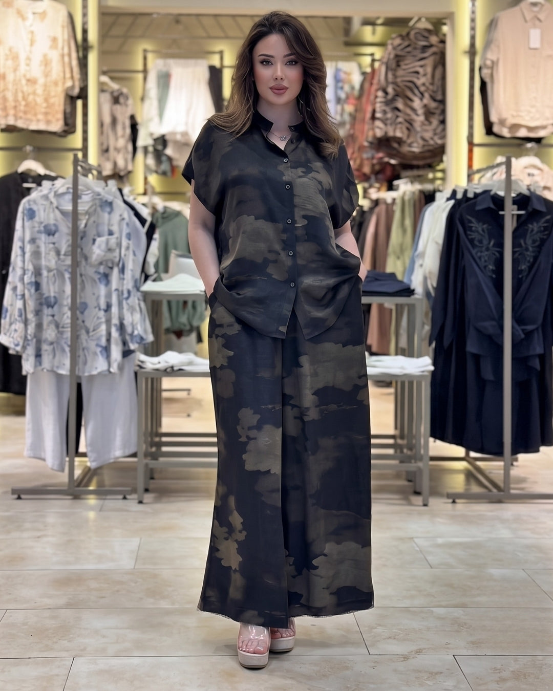 Riya - Premium Charcoal Satin Palazzo Co-Ord Set