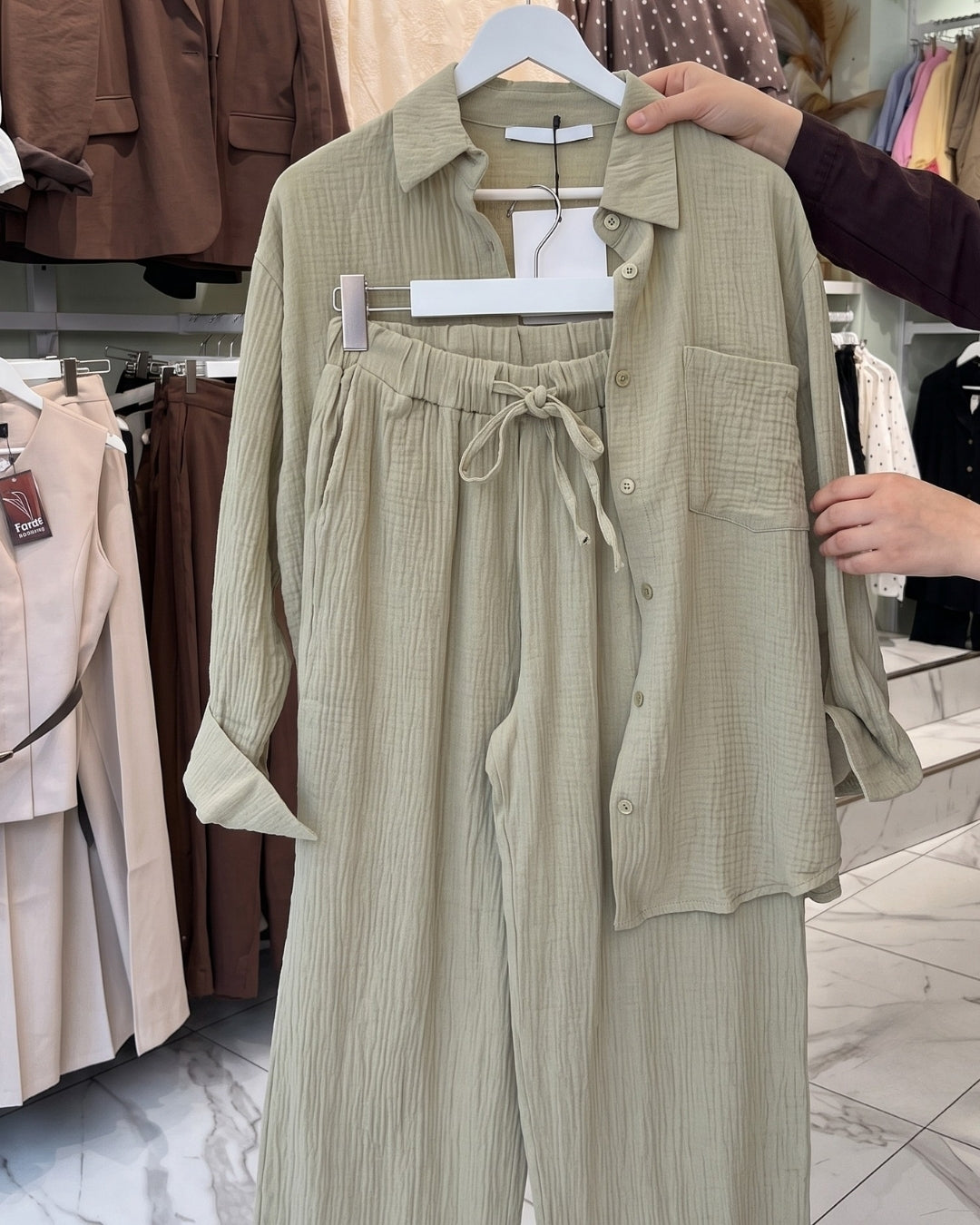 Kallie - Premium Green Crinkle Cotton Shirt Pant Co-Ord