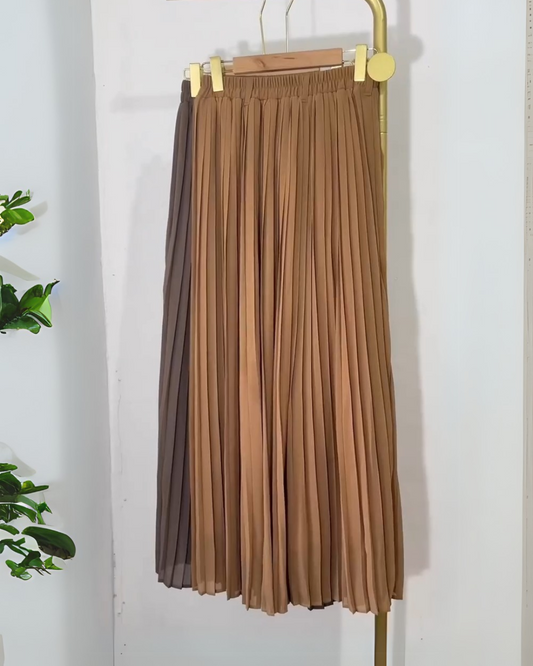 Elysia Luxe Pleated Midi Skirt – Caramel Brown