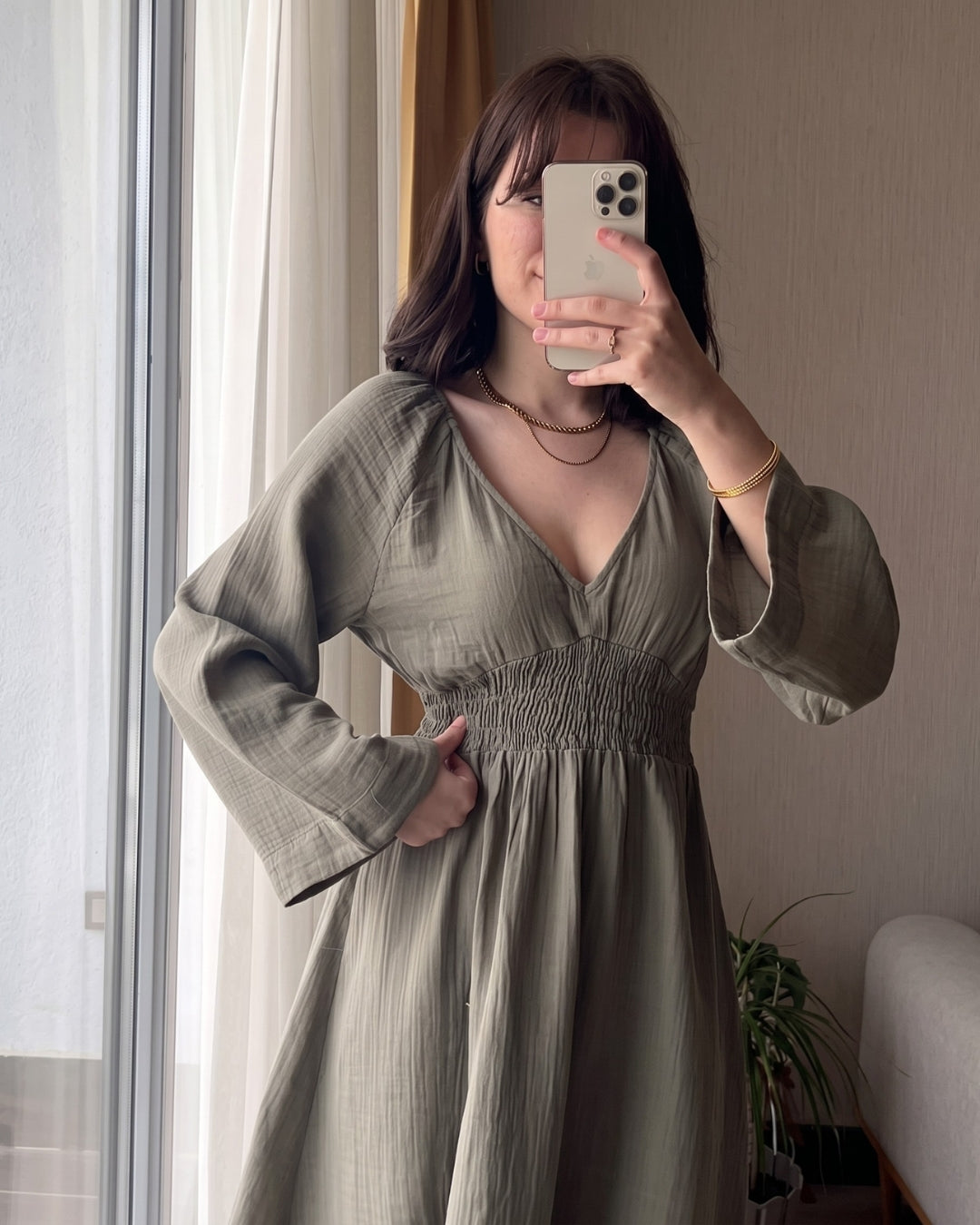 Riyana - Green Soft Cotton Smocked Flowy Maxi Dress