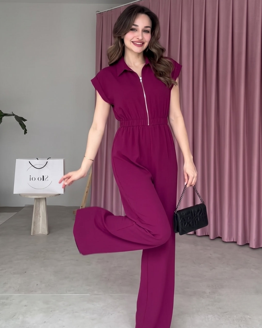 Yarelle - Elegant Wine Wide Leg Zip Jumpsuit