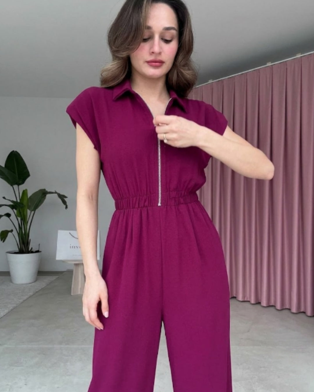 Yarelle - Elegant Wine Wide Leg Zip Jumpsuit
