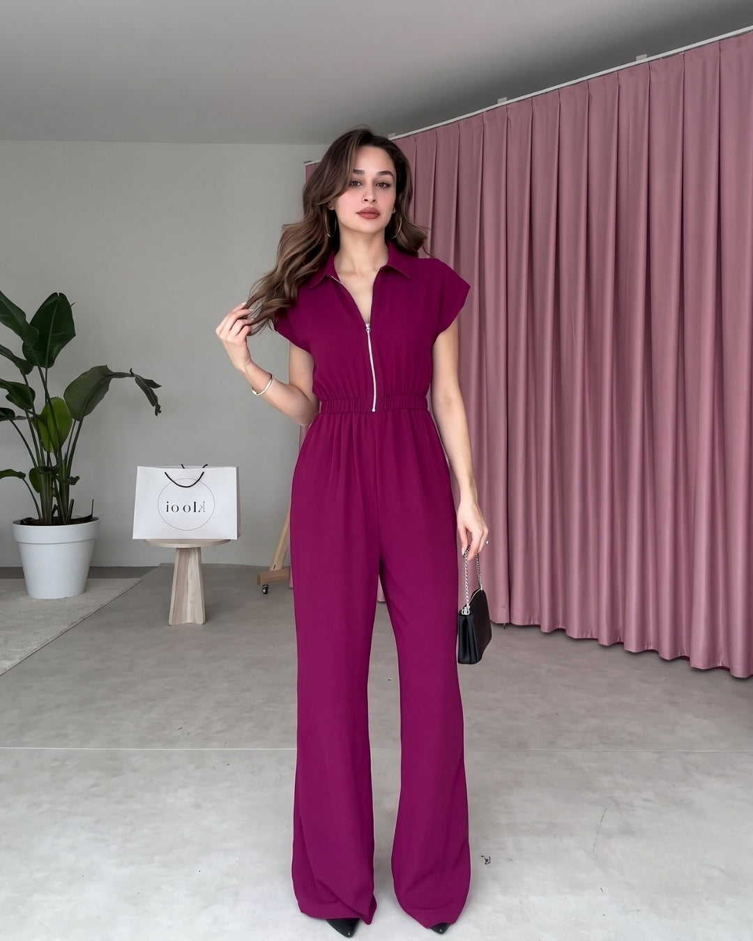 Yarelle - Elegant Wine Wide Leg Zip Jumpsuit