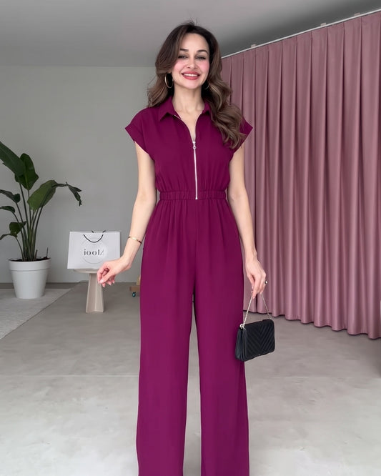 Yarelle - Elegant Wine Wide Leg Zip Jumpsuit