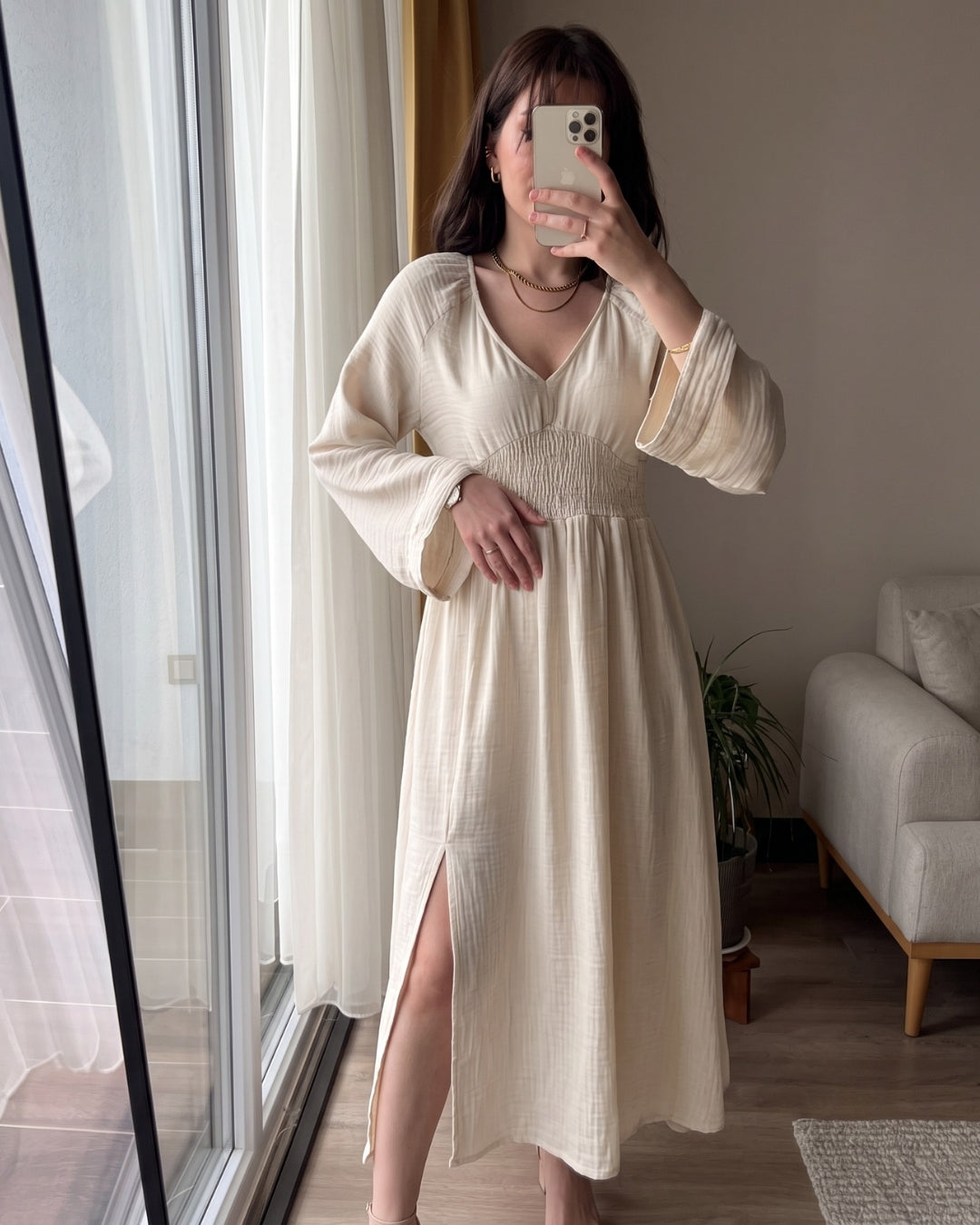 Riyana - Cream Soft Cotton Smocked Flowy Maxi Dress