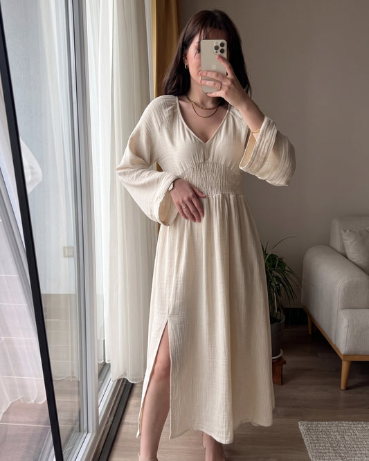 Riyana - Cream Soft Cotton Smocked Flowy Maxi Dress