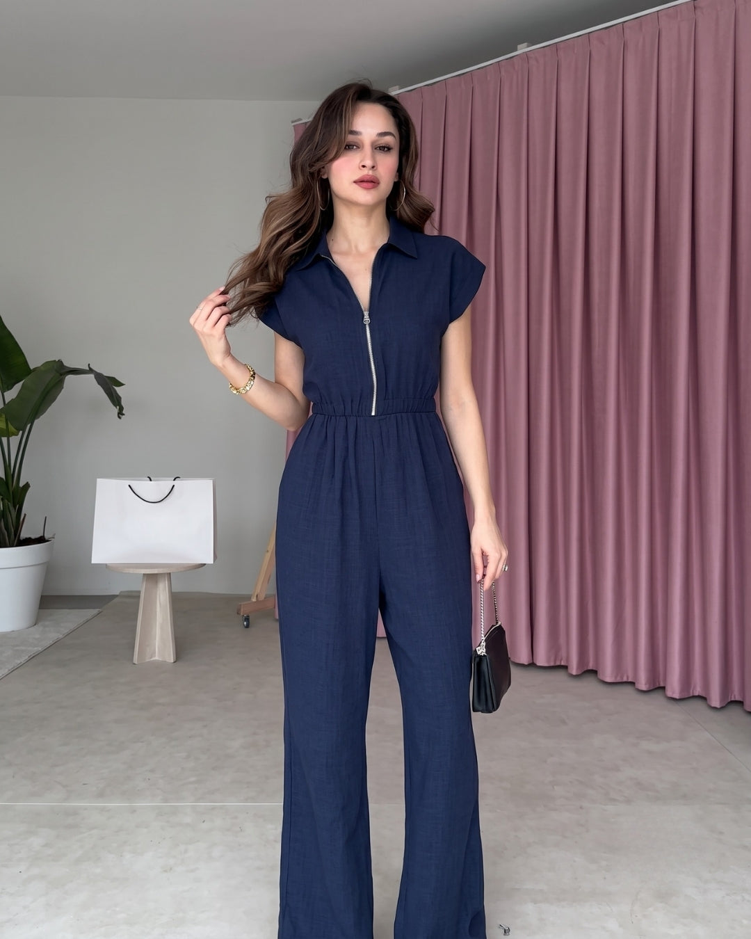 Yarelle - Elegant Blue Wide Leg Zip Jumpsuit