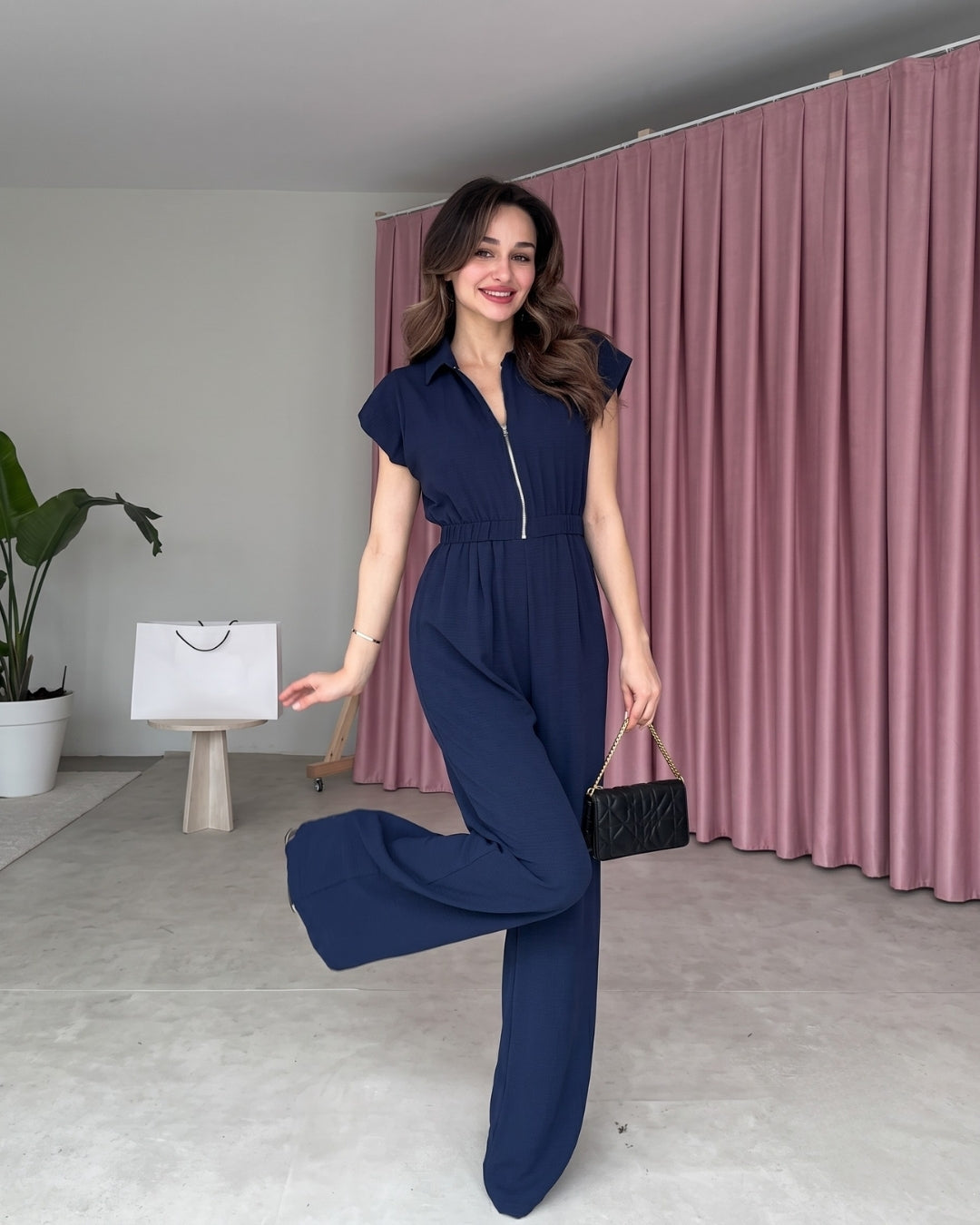 Yarelle - Elegant Blue Wide Leg Zip Jumpsuit