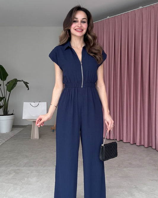 Yarelle - Elegant Blue Wide Leg Zip Jumpsuit