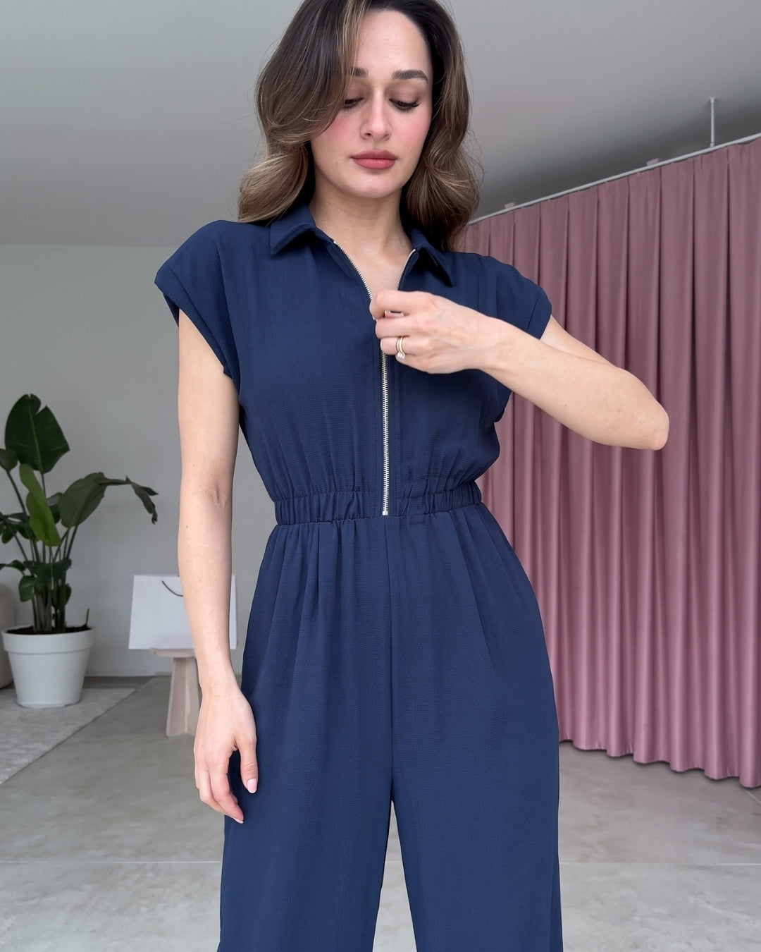 Yarelle - Elegant Blue Wide Leg Zip Jumpsuit