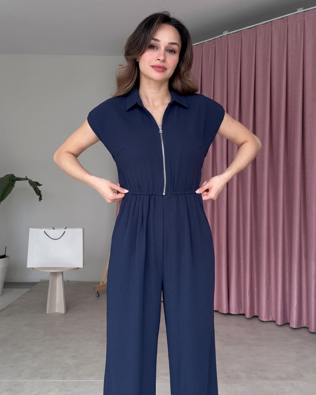 Yarelle - Elegant Blue Wide Leg Zip Jumpsuit