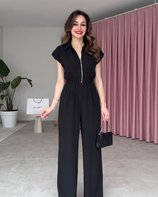 Yarelle - Elegant Black Wide Leg Zip Jumpsuit