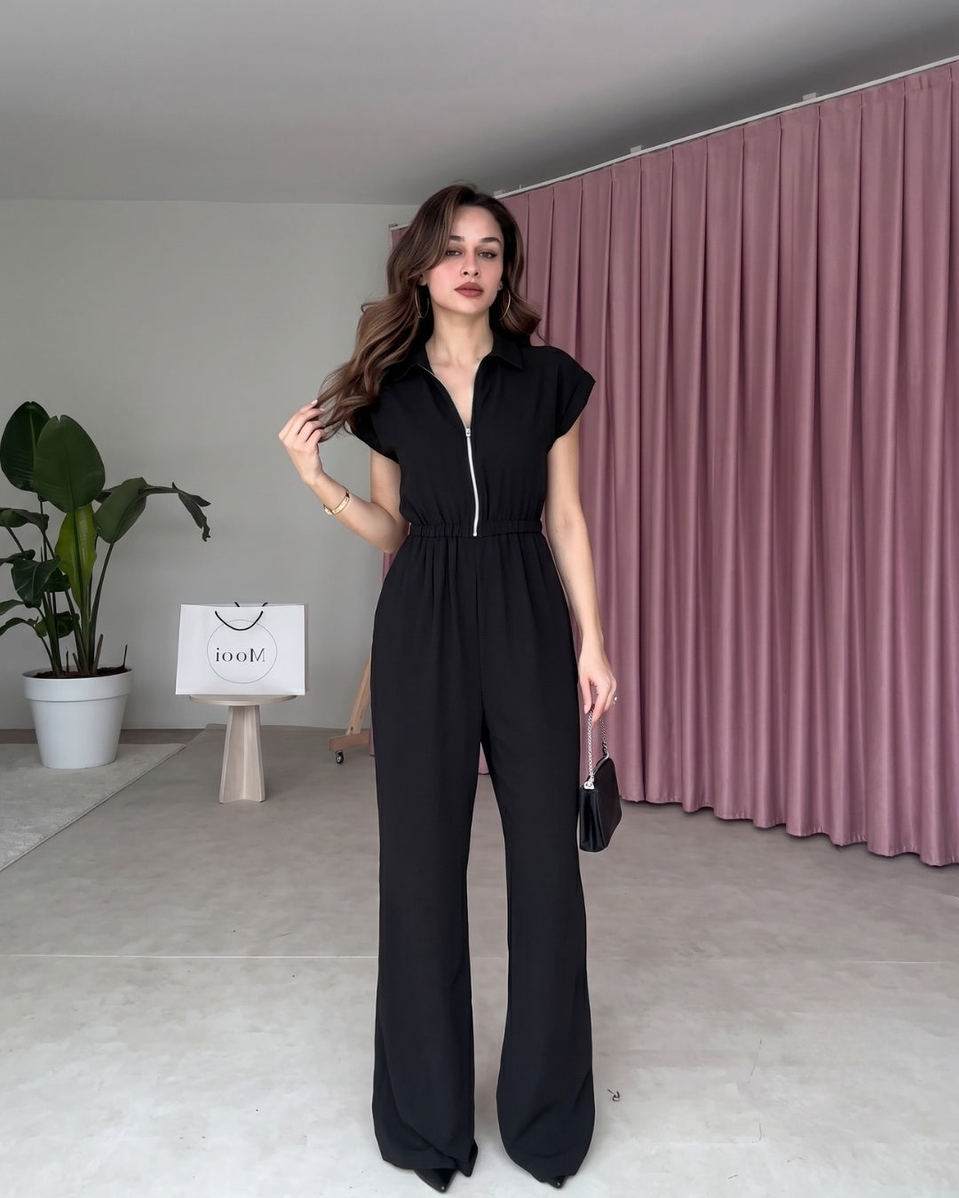 Yarelle - Elegant Black Wide Leg Zip Jumpsuit