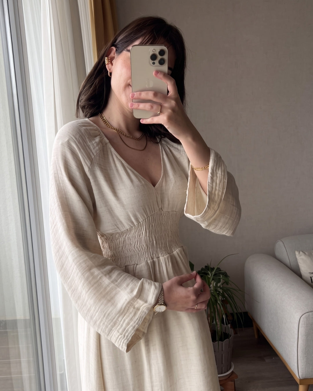 Riyana - Cream Soft Cotton Smocked Flowy Maxi Dress