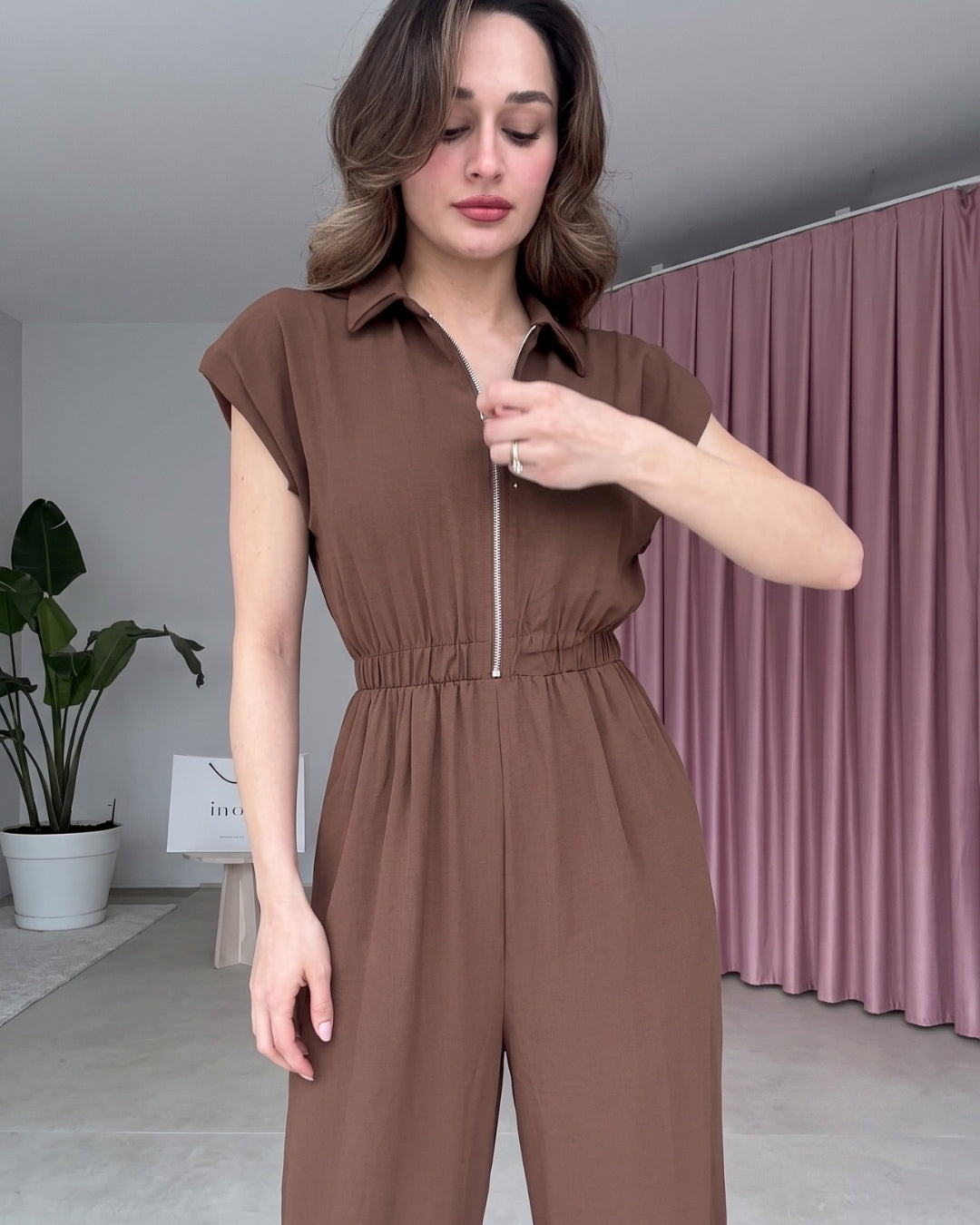 Yarelle - Elegant Brown Wide Leg Zip Jumpsuit