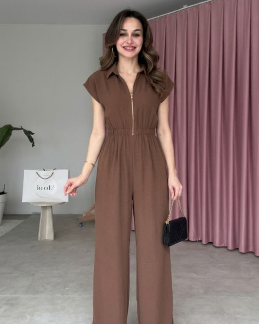 Yarelle - Elegant Brown Wide Leg Zip Jumpsuit