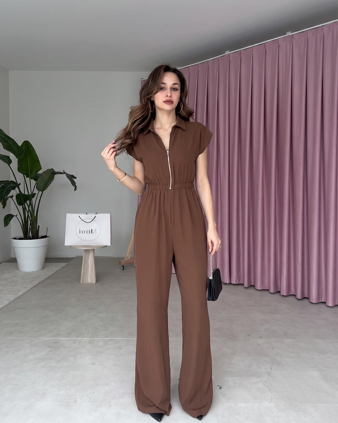 Yarelle - Elegant Brown Wide Leg Zip Jumpsuit
